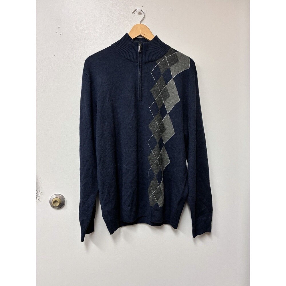 Tricots St Raphael Vintage Navy Acrylic Argyle Preppy 1/4 Zip Sweater Men's XL